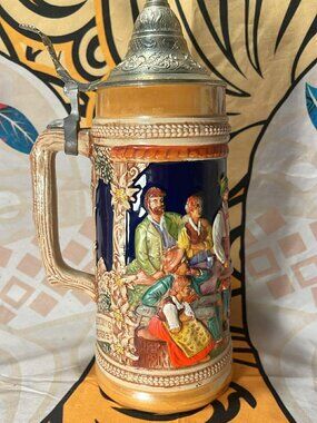 Vintage GERZ West Germany Beer Stein Pewter Lid Hand Painted Bavarian Scene 0.5L